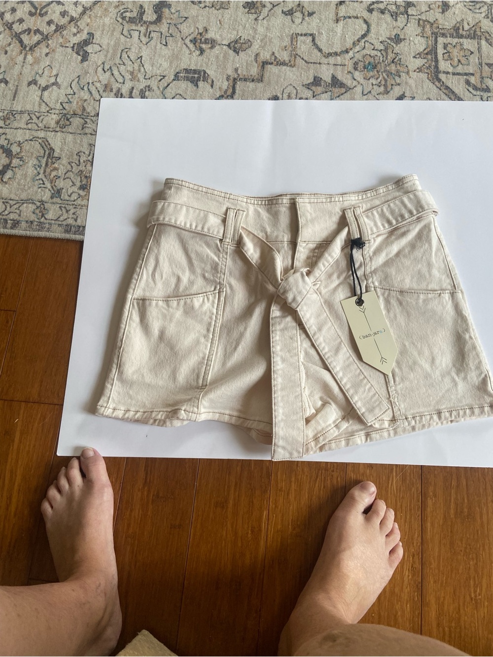 High-Waist Cream Tie-Belt Utility Shorts - Women's